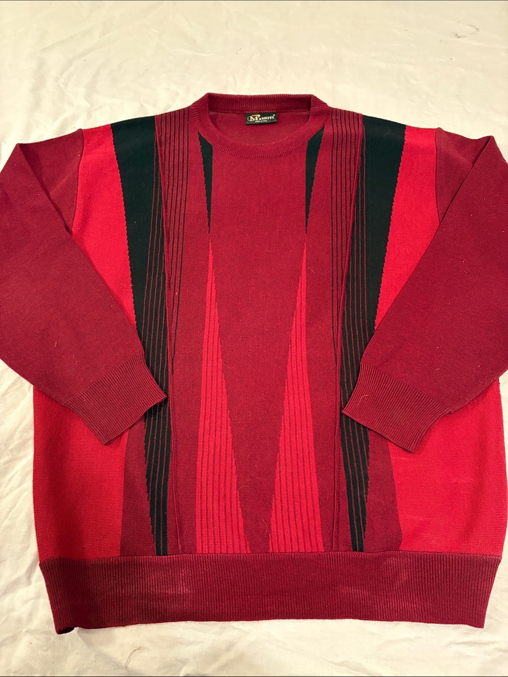Massoti Maroon and Black Patterned Wool Blend Crewneck Sweater Size XXL